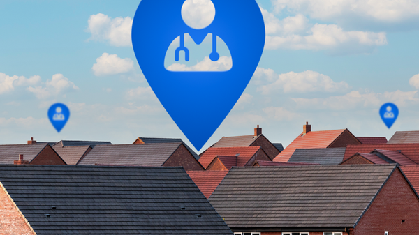 A large blue map pin featuring a doctor silhouette with a stethoscope hovering above the rooftops of a suburban brick neighborhood