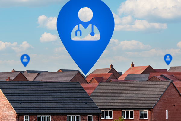 A large blue map pin featuring a doctor silhouette with a stethoscope hovering above the rooftops of a suburban brick neighborhood