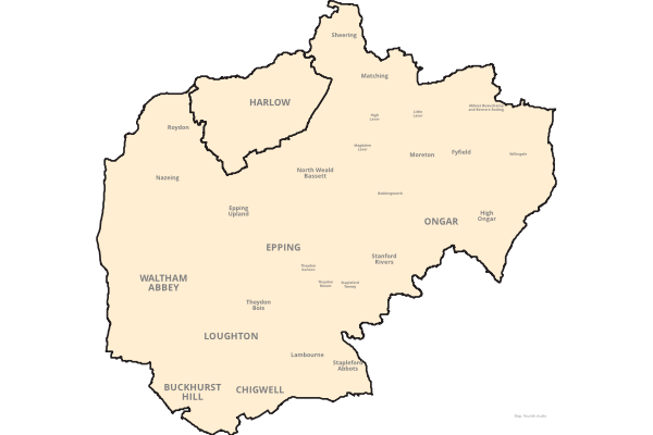 Map of Epping Forest and Harlow districts with parish names